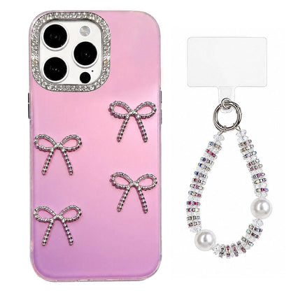 For iPhone 16 Pro Electroplated Bowknot Dopamine Color Skin-Friendly IMD Phone Case with Beaded Wrist Strap - Purple - EDA009772607D