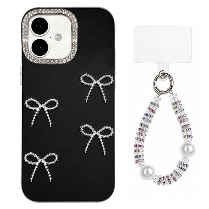 For iPhone 16 Electroplated Bowknot Dopamine Color Skin-Friendly IMD Phone Case with Beaded Wrist Strap - Black - EDA009772609A
