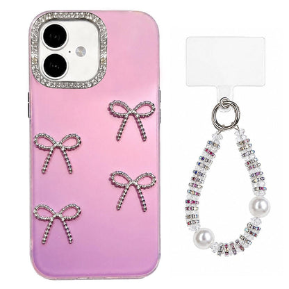 For iPhone 16 Electroplated Bowknot Dopamine Color Skin-Friendly IMD Phone Case with Beaded Wrist Strap - Purple - EDA009772609D