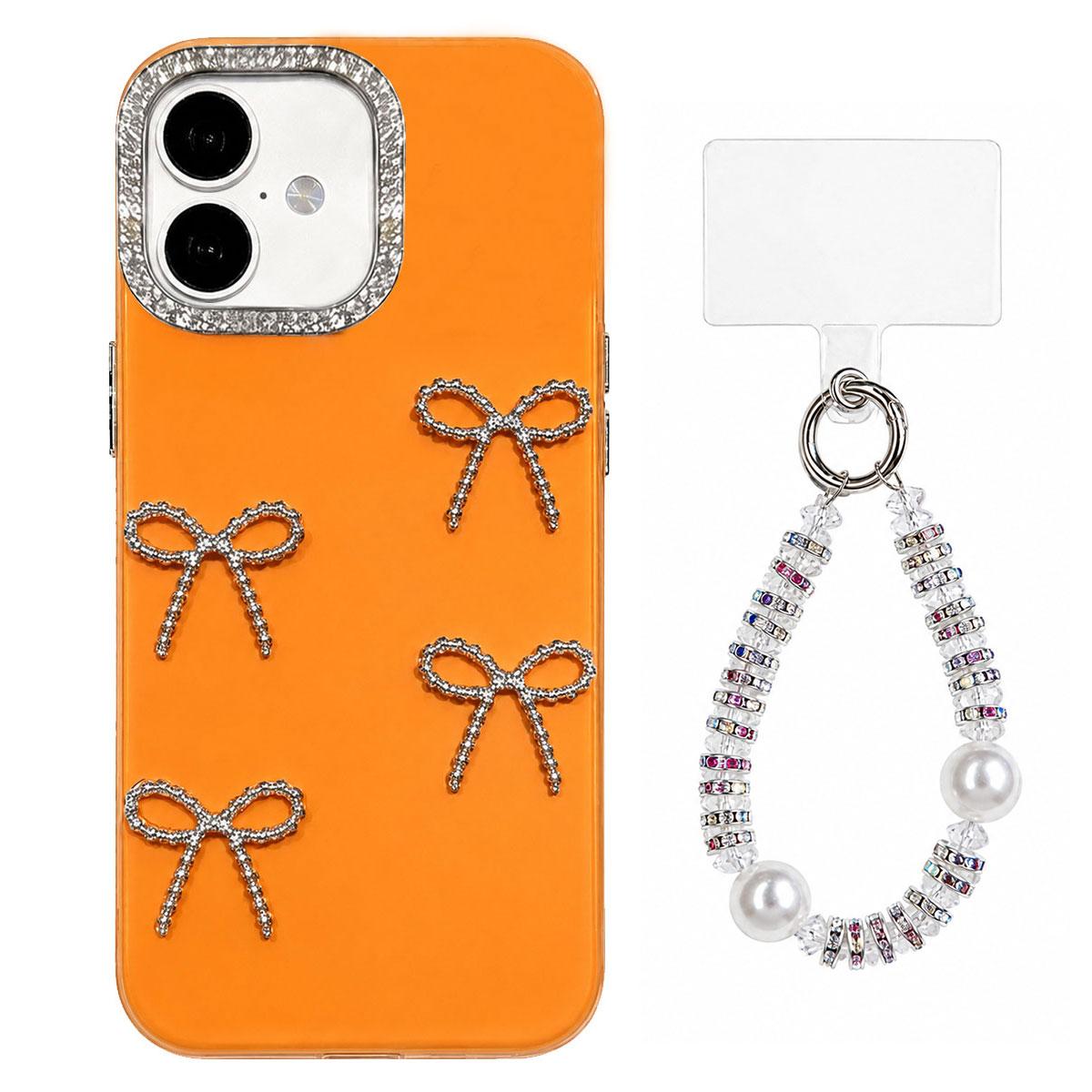 For iPhone 16 Electroplated Bowknot Dopamine Color Skin-Friendly IMD Phone Case with Beaded Wrist Strap - Orange - EDA009772609E