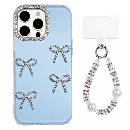 For iPhone 15 Pro Max Electroplated Bowknot Dopamine Color Skin-Friendly IMD Phone Case with Beaded Wrist Strap - Blue - EDA009772610F