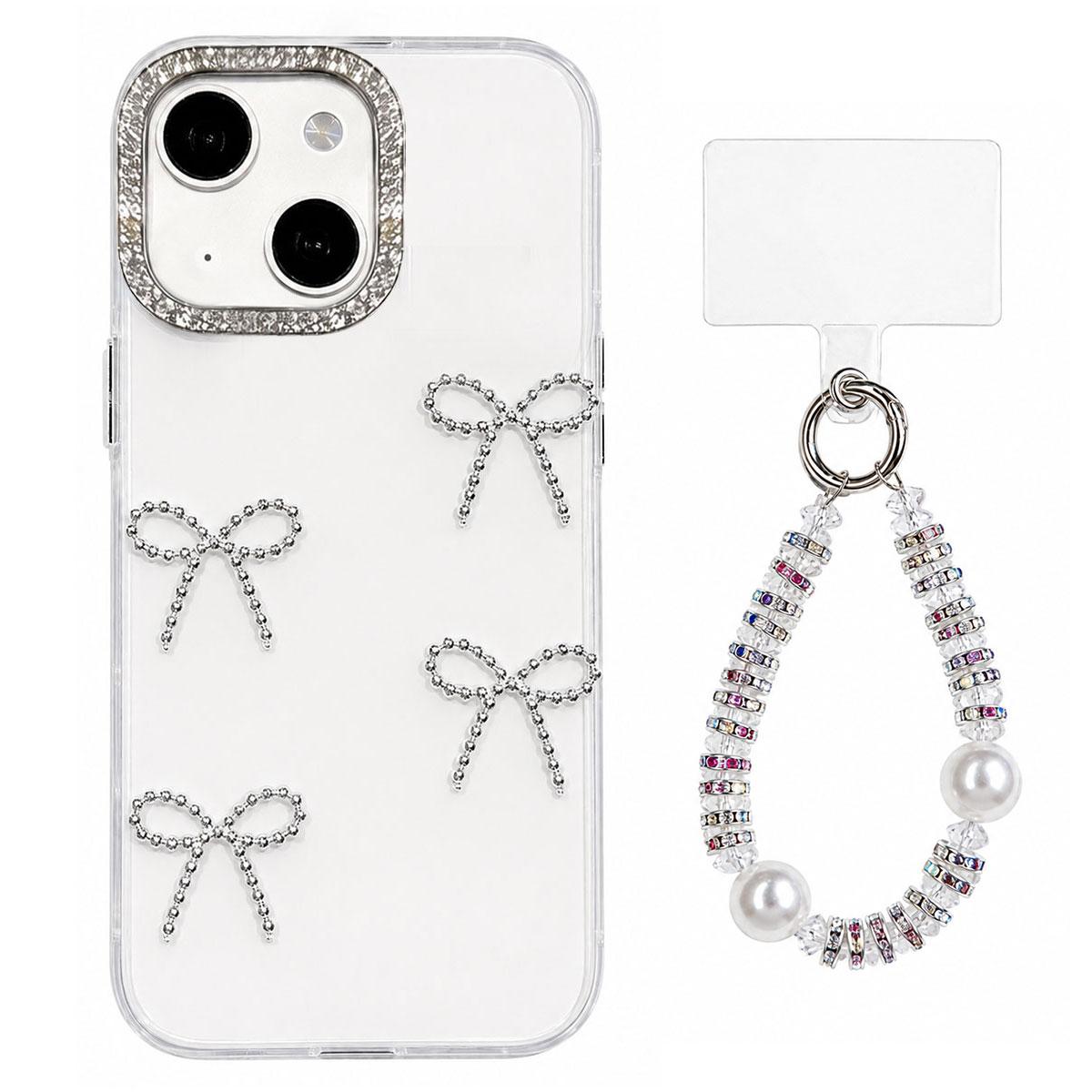 For iPhone 15 Electroplated Bowknot Dopamine Color Skin-Friendly IMD Phone Case with Beaded Wrist Strap - White - EDA009772612B