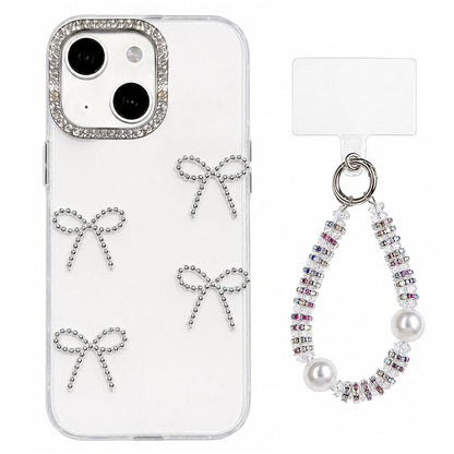 For iPhone 14 Electroplated Bowknot Dopamine Color Skin-Friendly IMD Phone Case with Beaded Wrist Strap - White - EDA009772613B