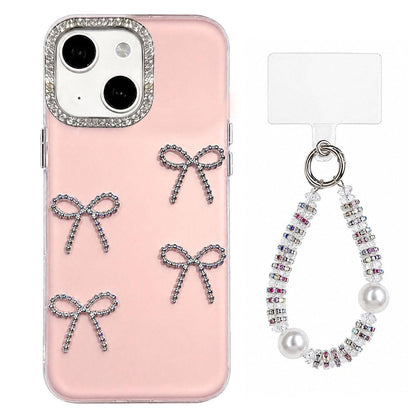For iPhone 14 Electroplated Bowknot Dopamine Color Skin-Friendly IMD Phone Case with Beaded Wrist Strap - Pink - EDA009772613C