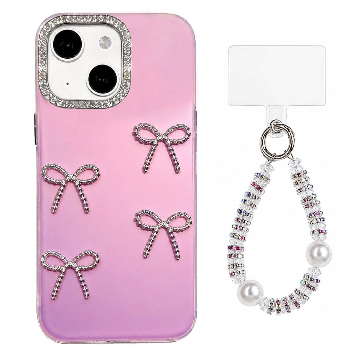 For iPhone 14 Electroplated Bowknot Dopamine Color Skin-Friendly IMD Phone Case with Beaded Wrist Strap - Purple - EDA009772613D