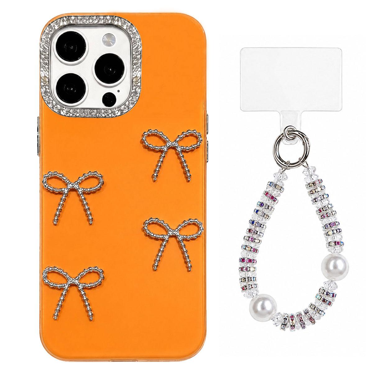 For iPhone 14 Pro Electroplated Bowknot Dopamine Color Skin-Friendly IMD Phone Case with Beaded Wrist Strap - Orange - EDA009772614E