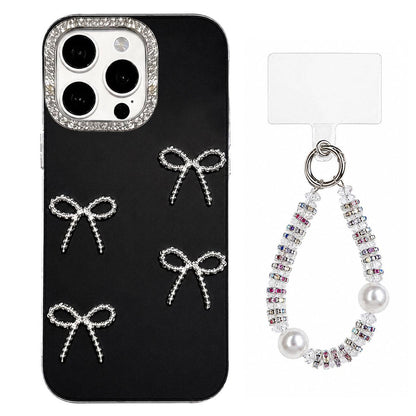 For iPhone 14 Pro Max Electroplated Bowknot Dopamine Color Skin-Friendly IMD Phone Case with Beaded Wrist Strap - Black - EDA009772615A