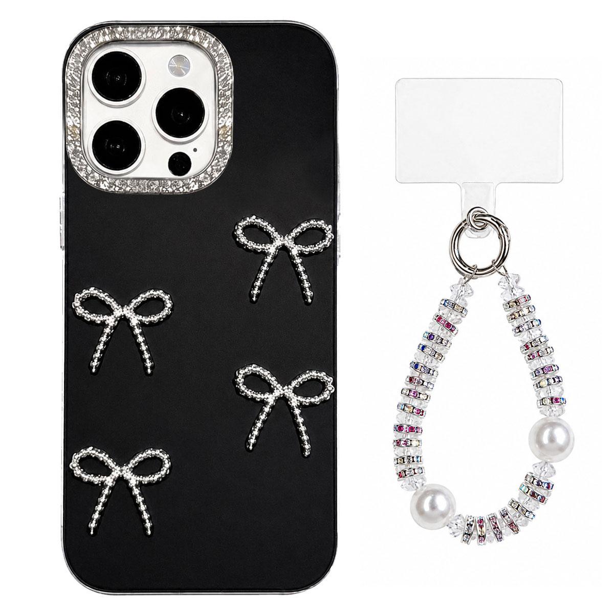 For iPhone 13 Pro Max Electroplated Bowknot Dopamine Color Skin-Friendly IMD Phone Case with Beaded Wrist Strap - Black - EDA009772616A