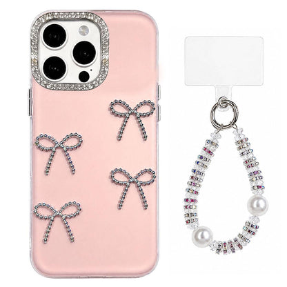 For iPhone 13 Pro Electroplated Bowknot Dopamine Color Skin-Friendly IMD Phone Case with Beaded Wrist Strap - Pink - EDA009772617C