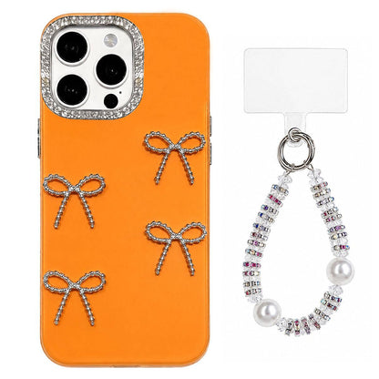 For iPhone 13 Pro Electroplated Bowknot Dopamine Color Skin-Friendly IMD Phone Case with Beaded Wrist Strap - Orange - EDA009772617E