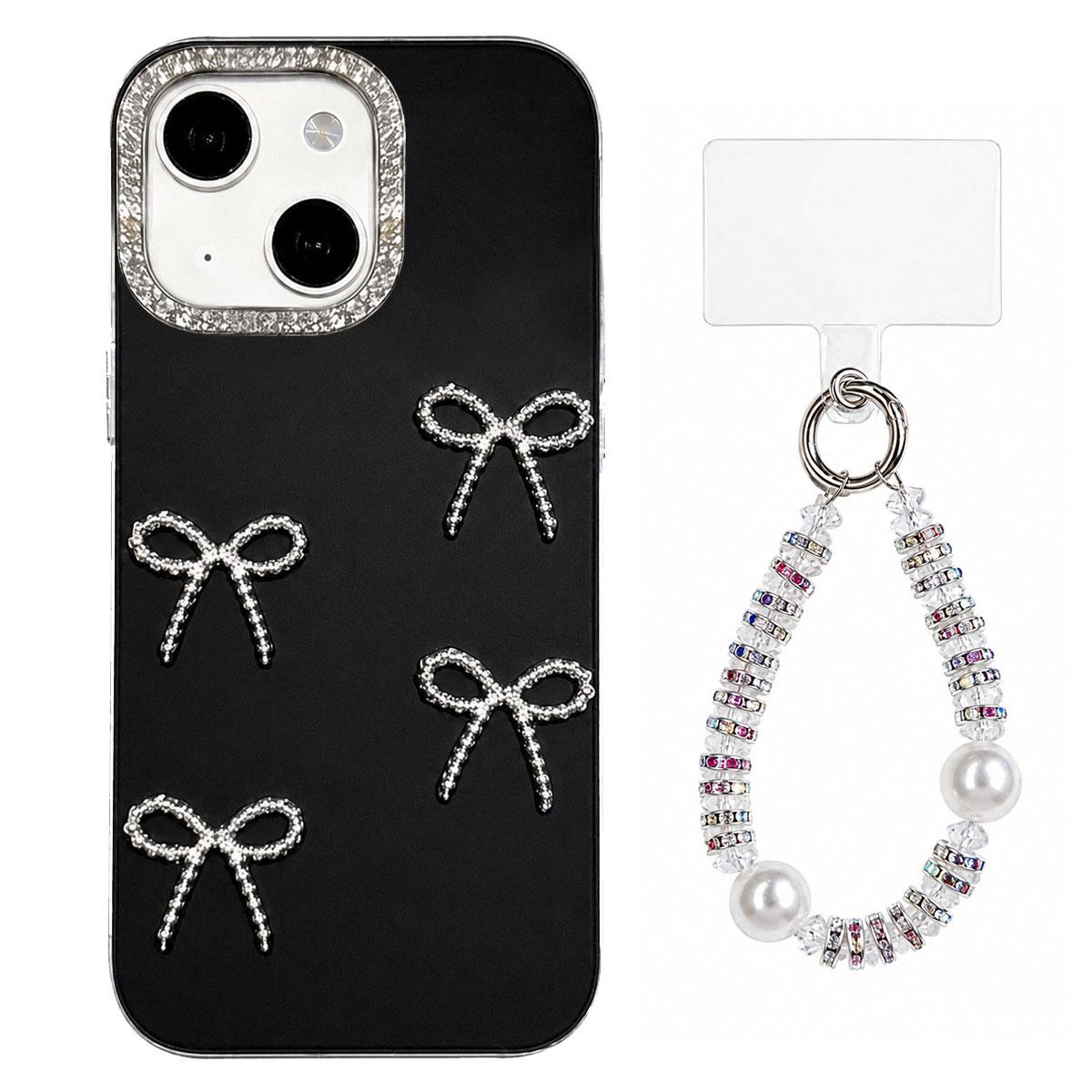 For iPhone 13 Electroplated Bowknot Dopamine Color Skin-Friendly IMD Phone Case with Beaded Wrist Strap - Black - EDA009772618A