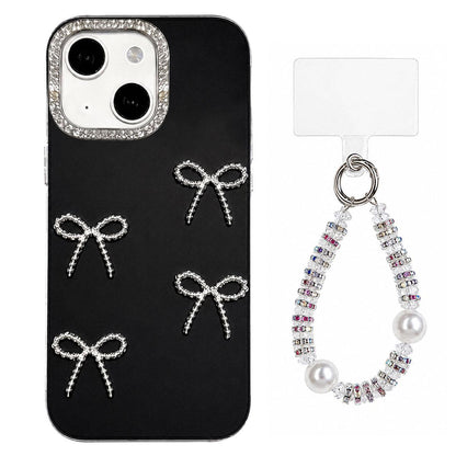 For iPhone 13 Electroplated Bowknot Dopamine Color Skin-Friendly IMD Phone Case with Beaded Wrist Strap - Black - EDA009772618A
