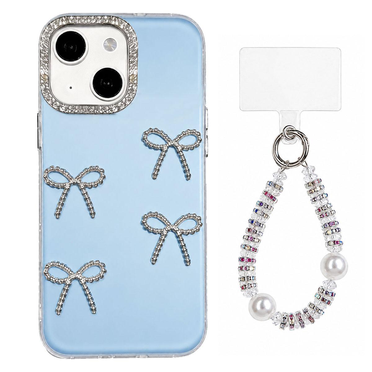 For iPhone 13 Electroplated Bowknot Dopamine Color Skin-Friendly IMD Phone Case with Beaded Wrist Strap - Blue - EDA009772618F