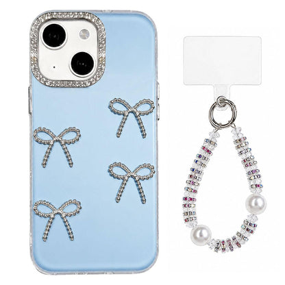 For iPhone 13 Electroplated Bowknot Dopamine Color Skin-Friendly IMD Phone Case with Beaded Wrist Strap - Blue - EDA009772618F