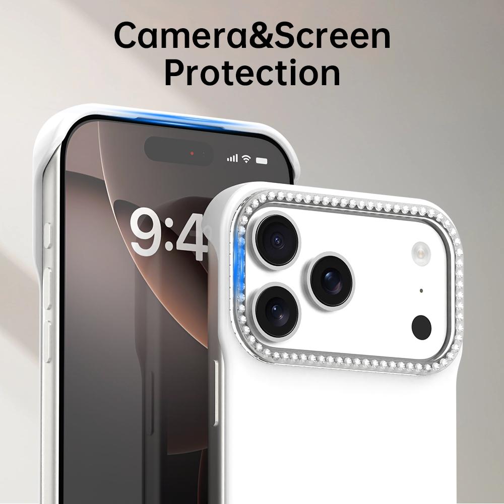 For iPhone 18 Pro / 17 Pro Candy Diamond Half-frame Frosted PC Hybrid TPU Phone Case - White - EDA009772823A