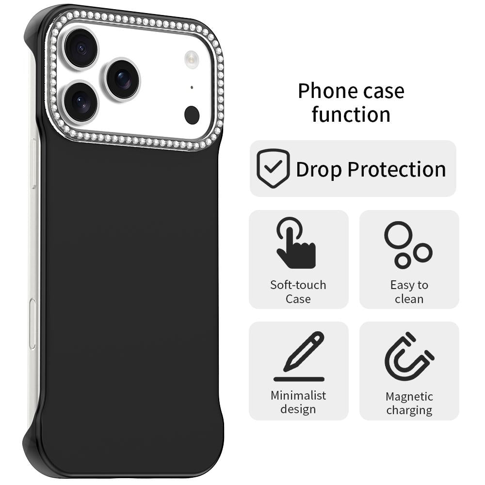 For iPhone 18 Pro / 17 Pro Candy Diamond Half-frame Frosted PC Hybrid TPU Phone Case - Black - EDA009772823D