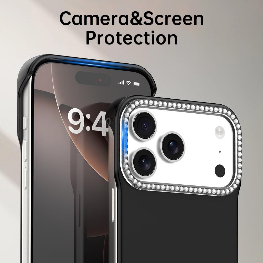 For iPhone 18 Pro / 17 Pro Candy Diamond Half-frame Frosted PC Hybrid TPU Phone Case - Black - EDA009772823D