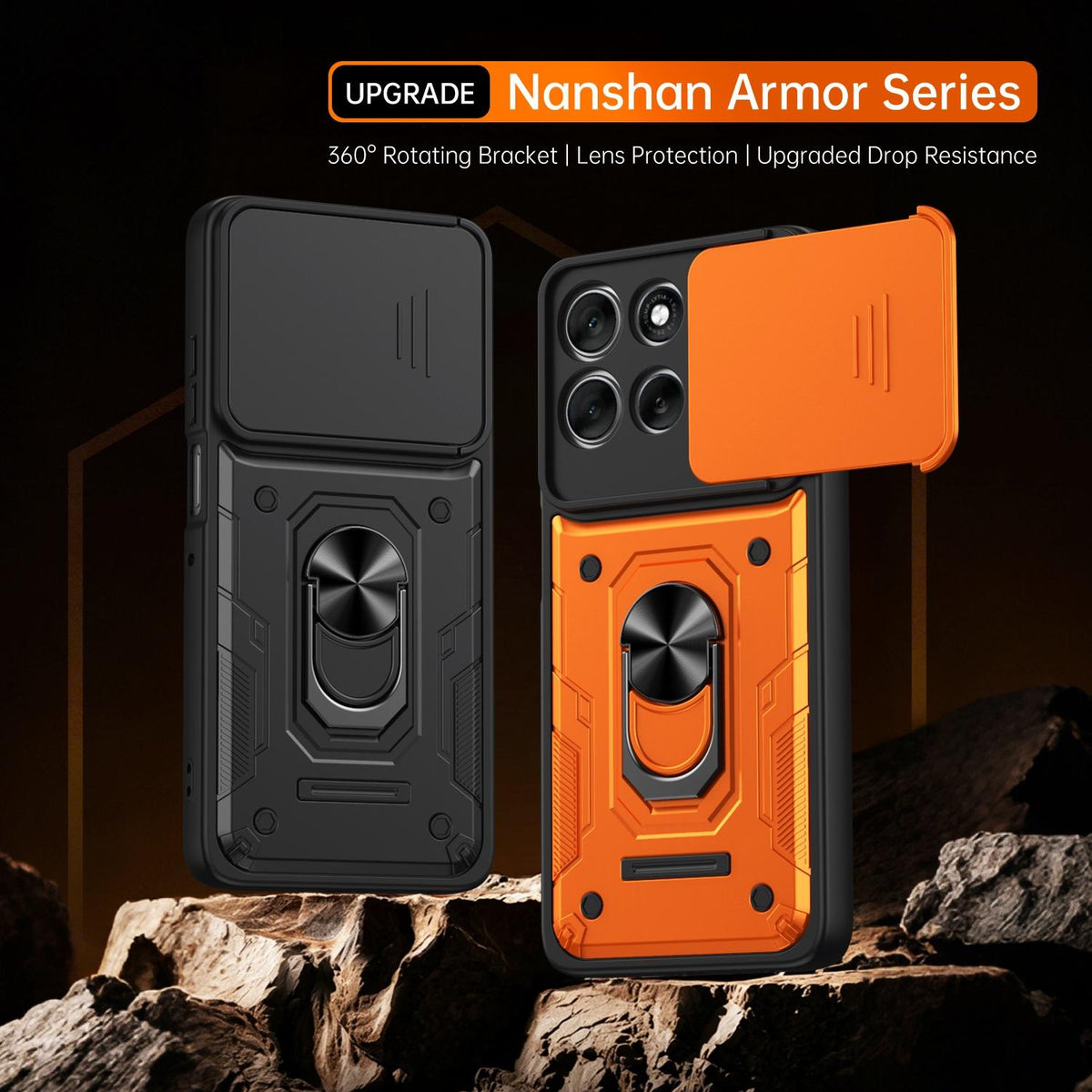 For Motorola Moto G57 Power / G67 Power Nanshan Armor Sliding Camshield Ring Holder Phone Case - Orange - EDA009772906A