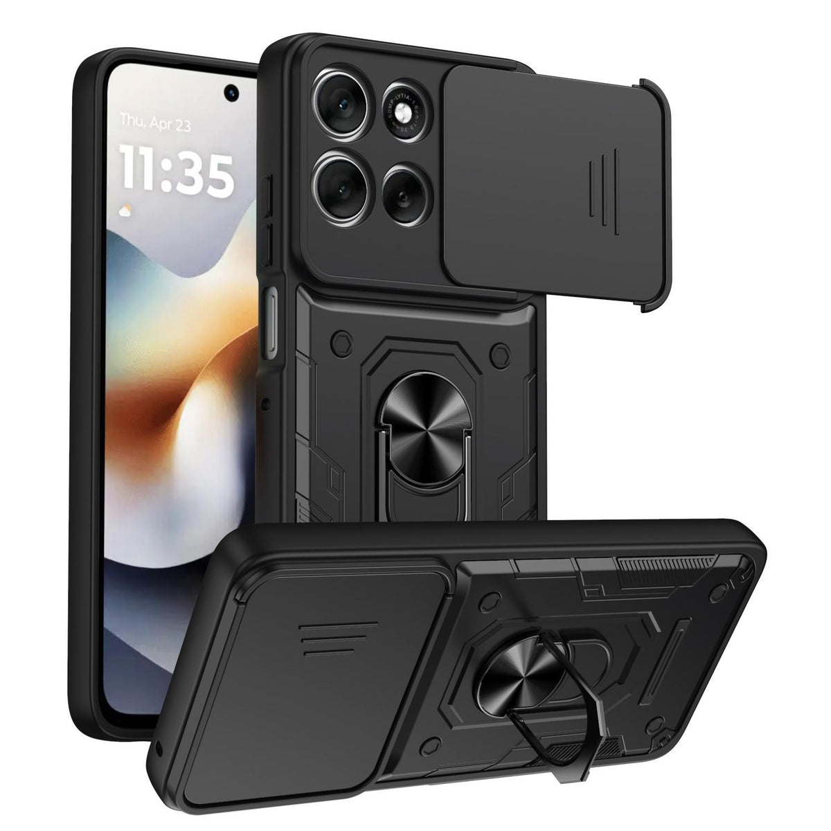 For Motorola Moto G57 Power / G67 Power Nanshan Armor Sliding Camshield Ring Holder Phone Case - Black - EDA009772906C