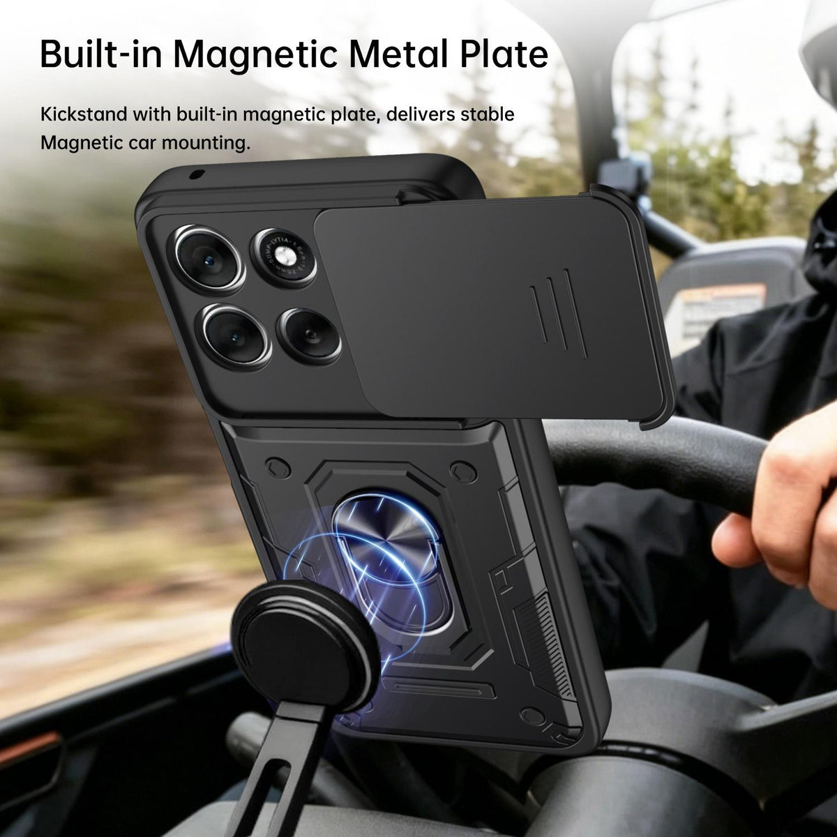 For Motorola Moto G57 Power / G67 Power Nanshan Armor Sliding Camshield Ring Holder Phone Case - Black - EDA009772906C