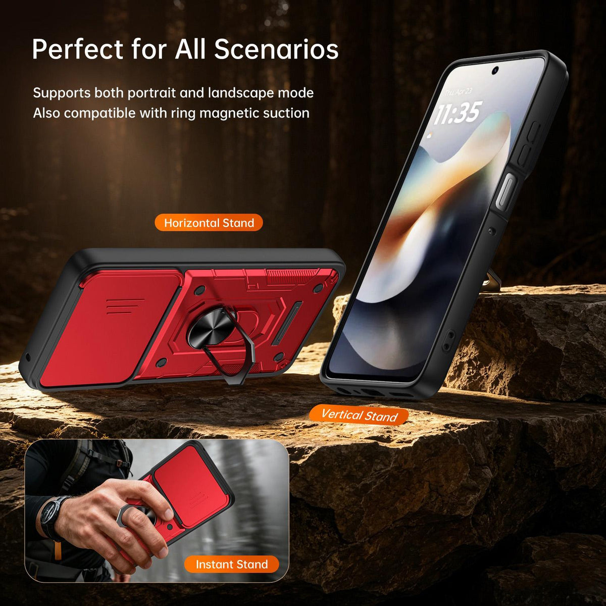 For Motorola Moto G57 Power / G67 Power Nanshan Armor Sliding Camshield Ring Holder Phone Case - Red - EDA009772906D
