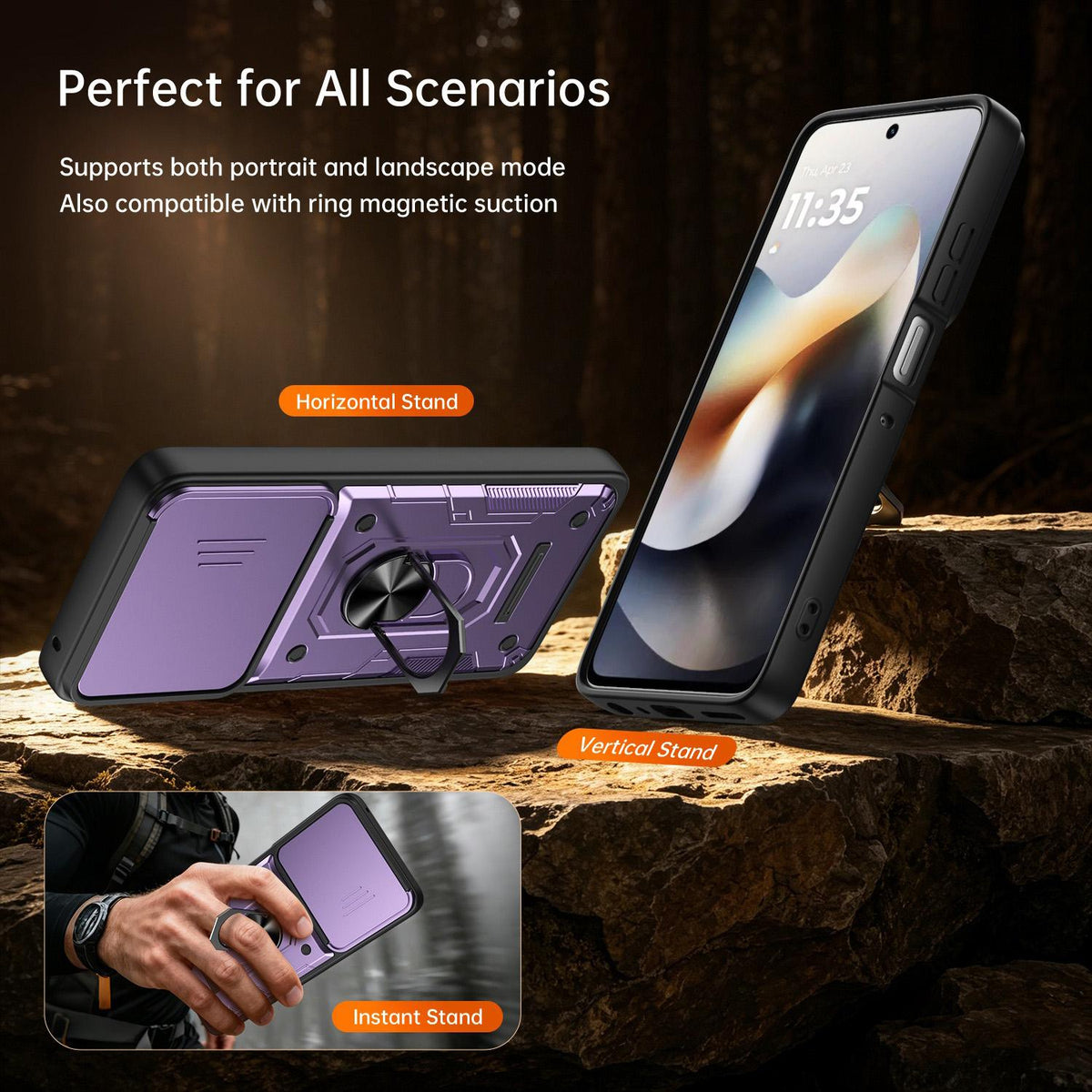 For Motorola Moto G57 Power / G67 Power Nanshan Armor Sliding Camshield Ring Holder Phone Case - Purple - EDA009772906E
