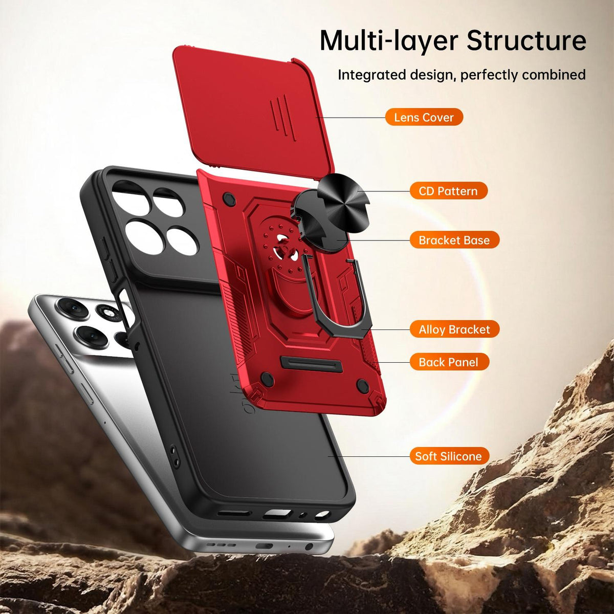 For Motorola Signature 5G / 70 Ultra Nanshan Armor Sliding Camshield Ring Holder Phone Case - Red - EDA009772909D