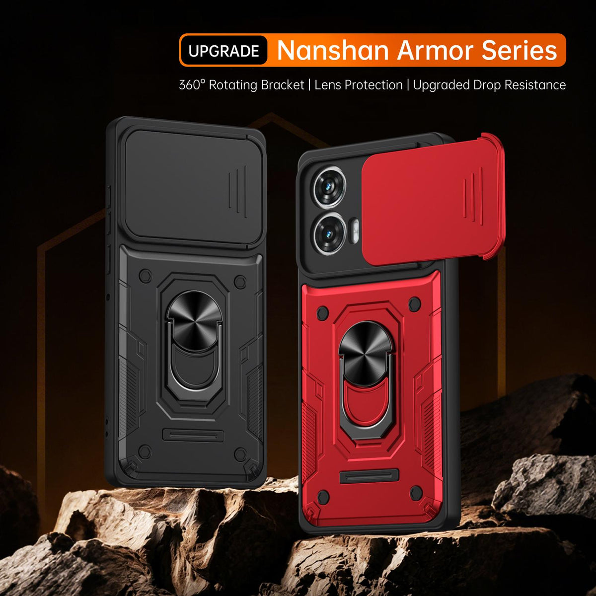 For Motorola Edge 50 Fusion / G85 Nanshan Armor Sliding Camshield Ring Holder Phone Case - Orange - EDA009772910A