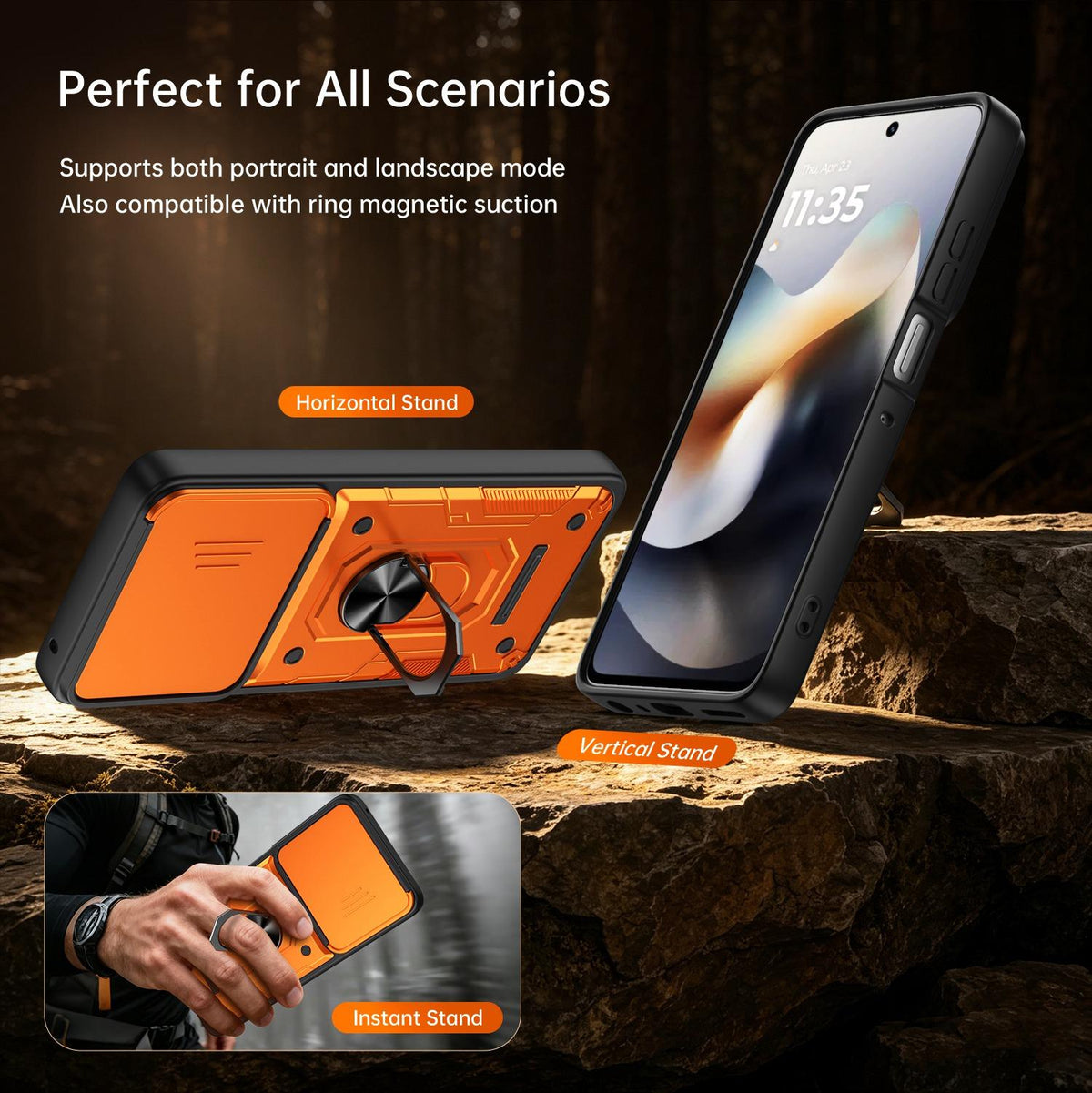 For Motorola Moto G87 / G77 / G67 Nanshan Armor Sliding Camshield Ring Holder Phone Case - Orange - EDA009772912A