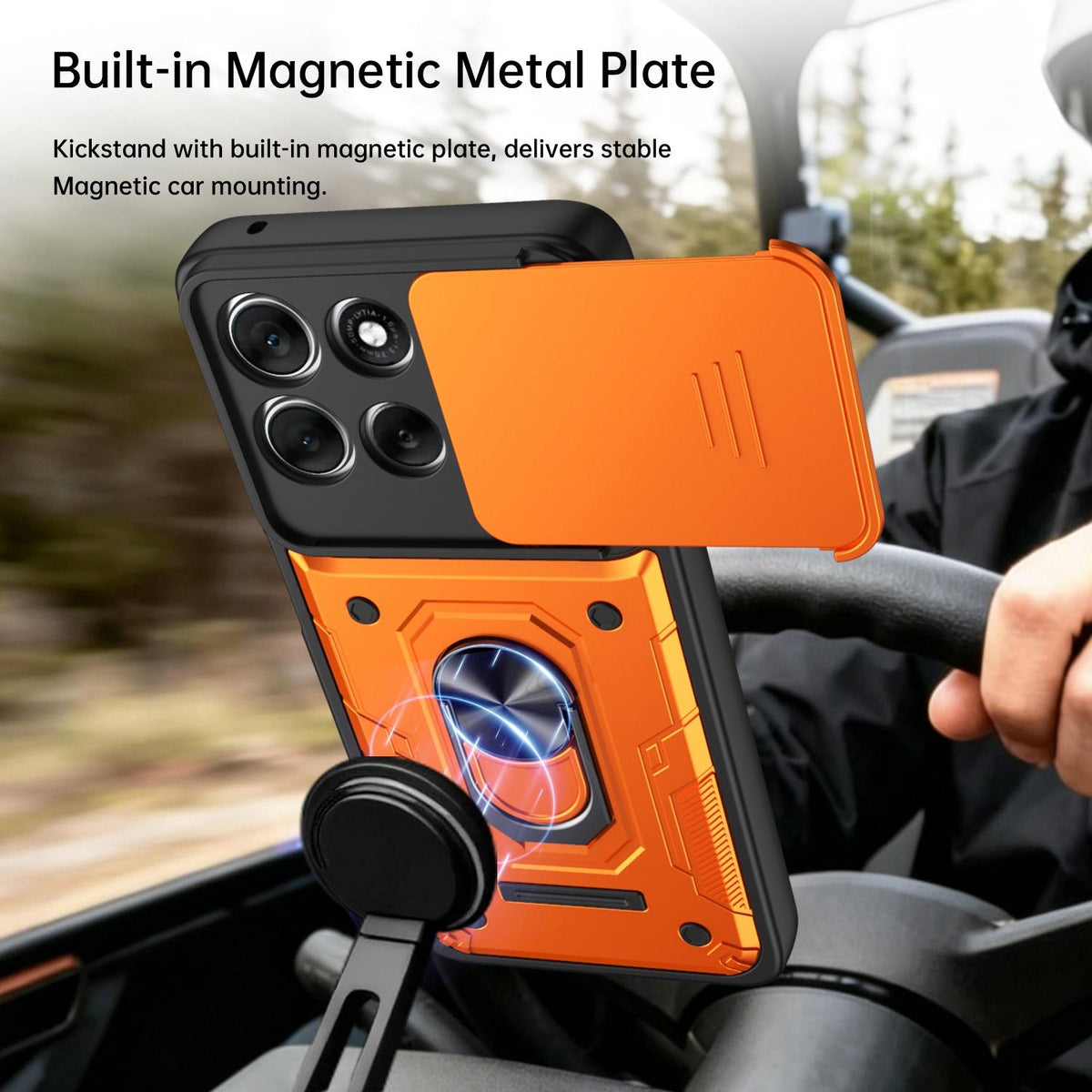 For Motorola Moto G87 / G77 / G67 Nanshan Armor Sliding Camshield Ring Holder Phone Case - Orange - EDA009772912A