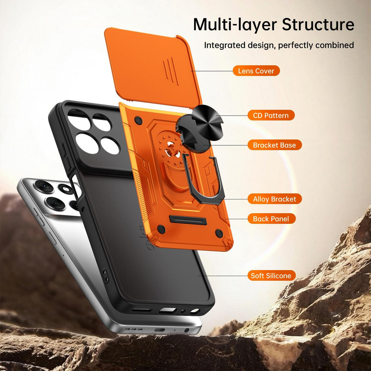 For Motorola Moto G87 / G77 / G67 Nanshan Armor Sliding Camshield Ring Holder Phone Case - Orange - EDA009772912A