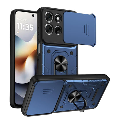 For Motorola Moto G87 / G77 / G67 Nanshan Armor Sliding Camshield Ring Holder Phone Case - Blue - EDA009772912B