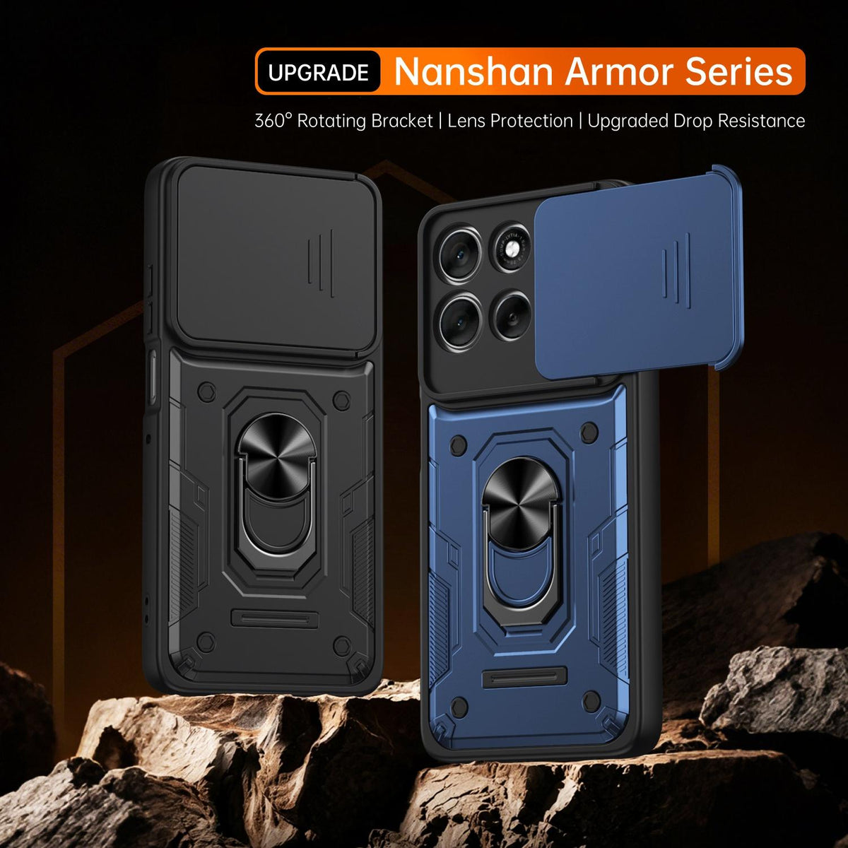 For Motorola Moto G87 / G77 / G67 Nanshan Armor Sliding Camshield Ring Holder Phone Case - Blue - EDA009772912B