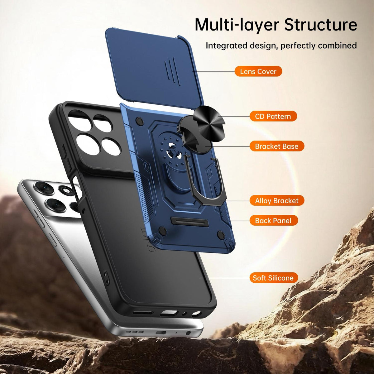 For Motorola Moto G87 / G77 / G67 Nanshan Armor Sliding Camshield Ring Holder Phone Case - Blue - EDA009772912B