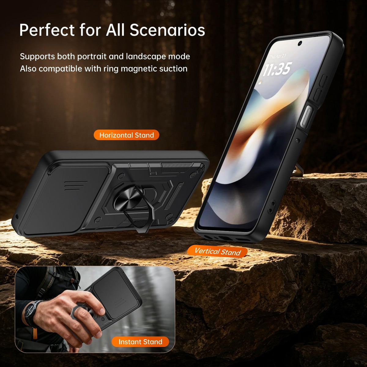 For Motorola Moto G87 / G77 / G67 Nanshan Armor Sliding Camshield Ring Holder Phone Case - Black - EDA009772912C