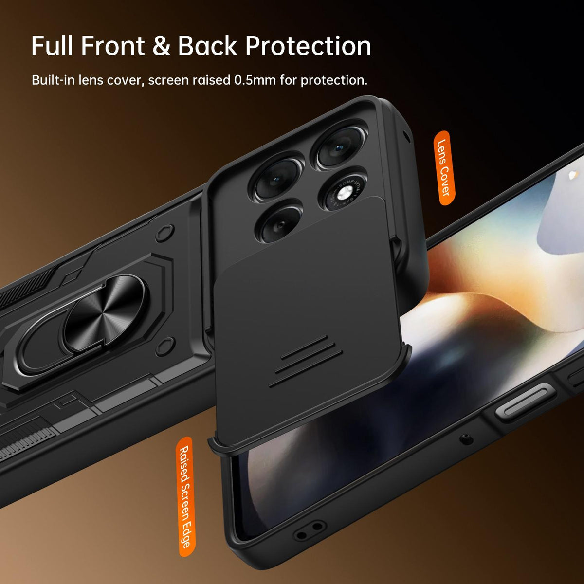 For Motorola Moto G87 / G77 / G67 Nanshan Armor Sliding Camshield Ring Holder Phone Case - Black - EDA009772912C