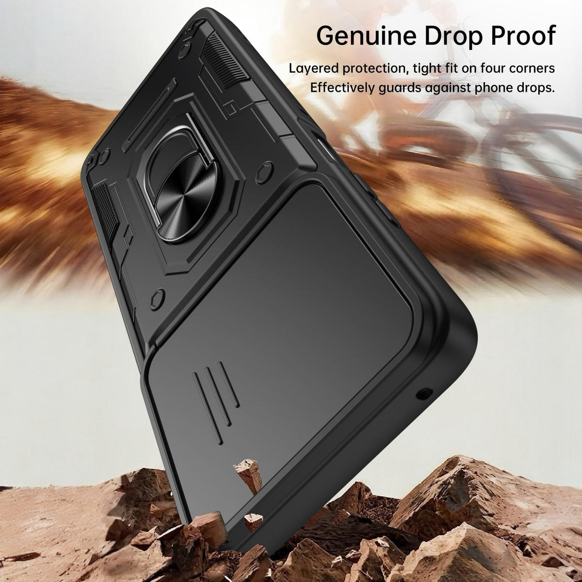 For Motorola Moto G87 / G77 / G67 Nanshan Armor Sliding Camshield Ring Holder Phone Case - Black - EDA009772912C