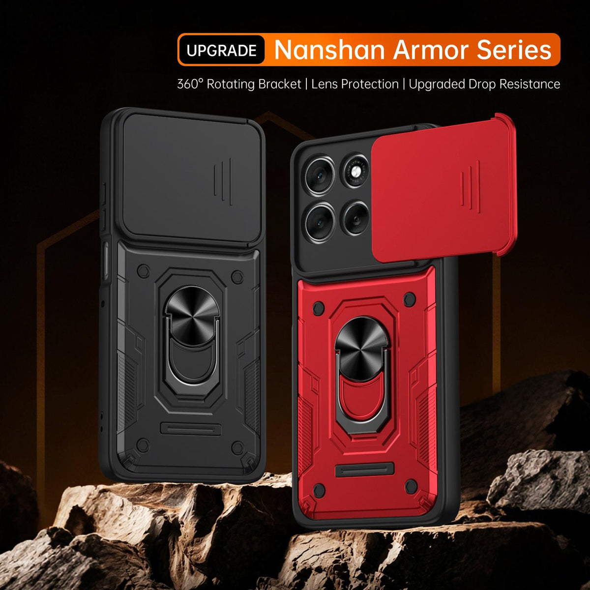 For Motorola Moto G87 / G77 / G67 Nanshan Armor Sliding Camshield Ring Holder Phone Case - Red - EDA009772912D