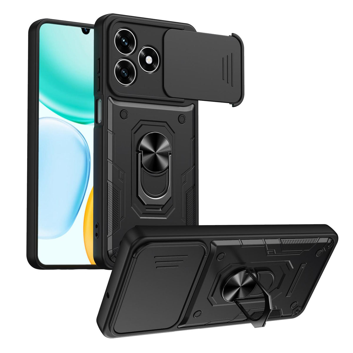 For Honor 600 Lite Global Nanshan Armor Sliding Camshield Ring Holder Phone Case - Black - EDA009773006C