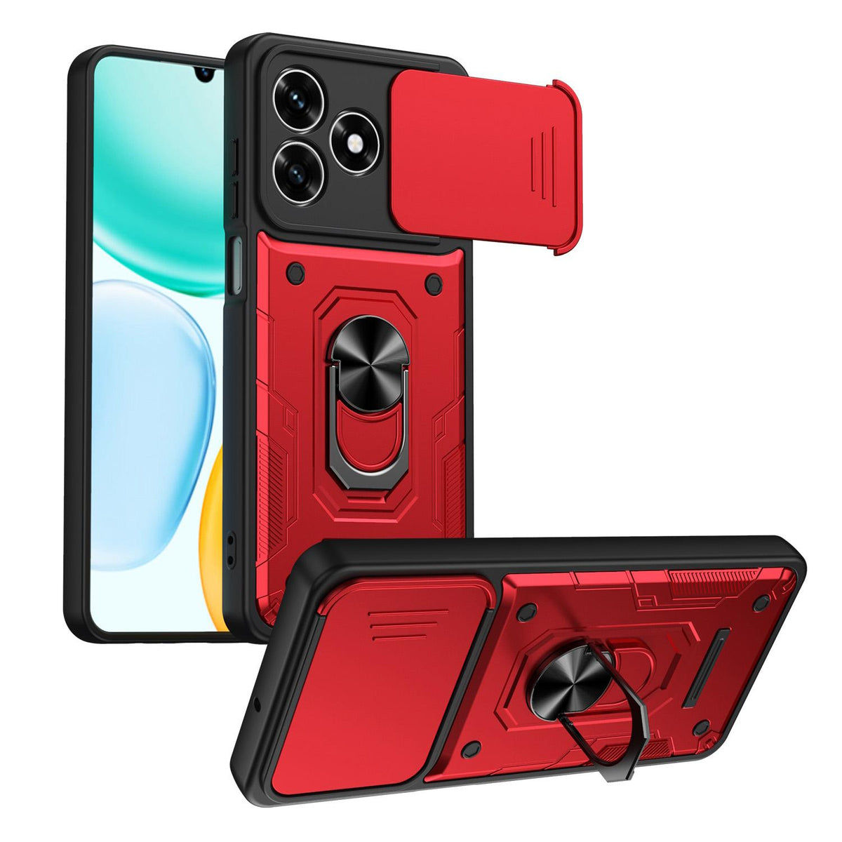 For Honor 600 Lite Global Nanshan Armor Sliding Camshield Ring Holder Phone Case - Red - EDA009773006D