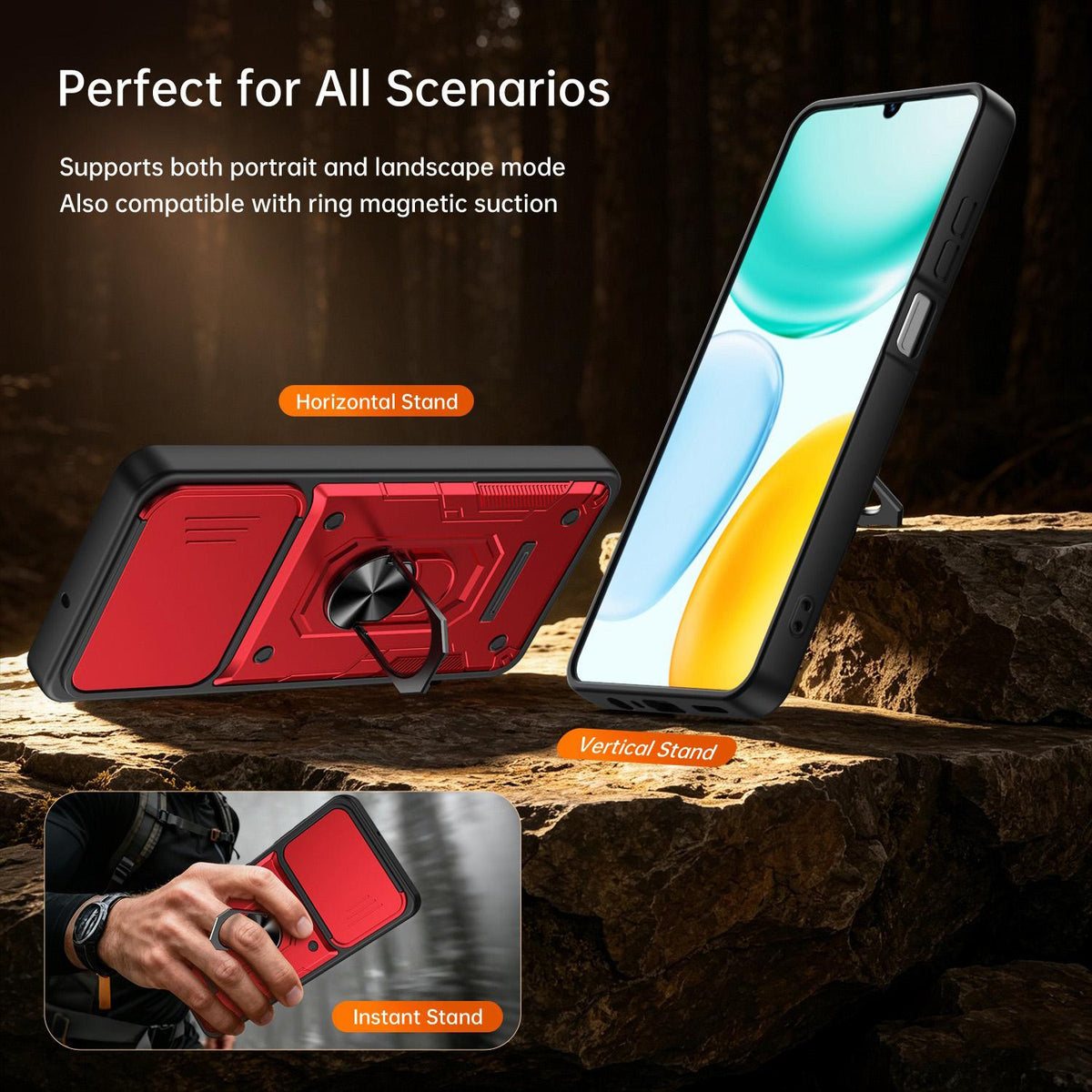 For Honor 600 Lite Global Nanshan Armor Sliding Camshield Ring Holder Phone Case - Red - EDA009773006D