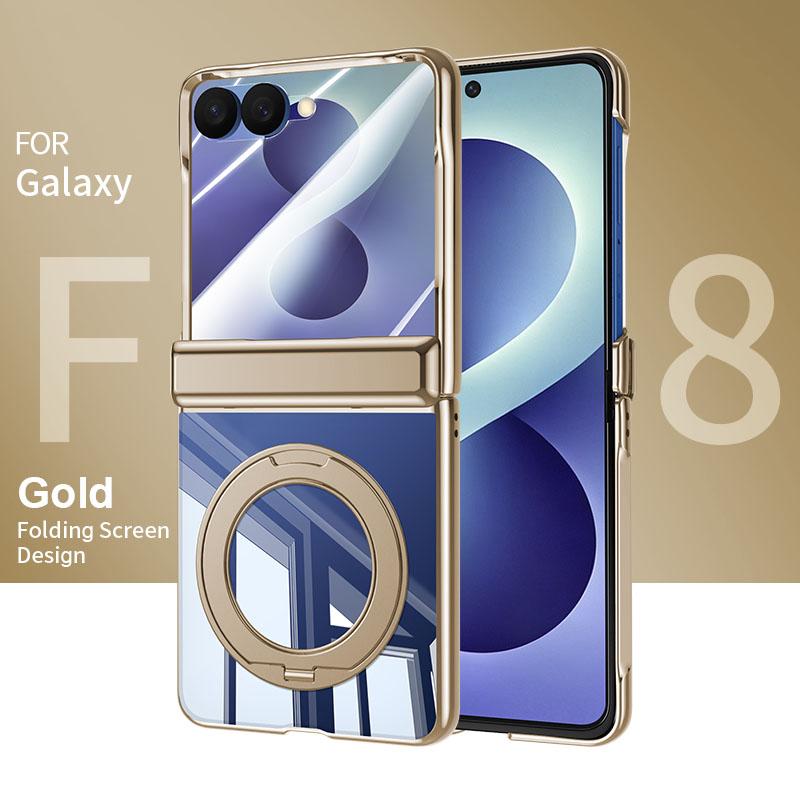 For Galaxy Z Flip8 5G Electroplating Transparent Shockproof Phone Case With 360 Degree Holder - High-Definition Gold - EDA009773601E