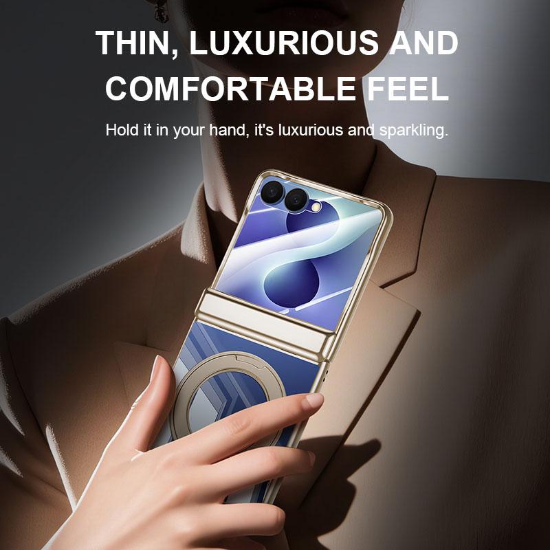 For Galaxy Z Flip8 5G Electroplating Transparent Shockproof Phone Case With 360 Degree Holder - High-Definition Gold - EDA009773601E