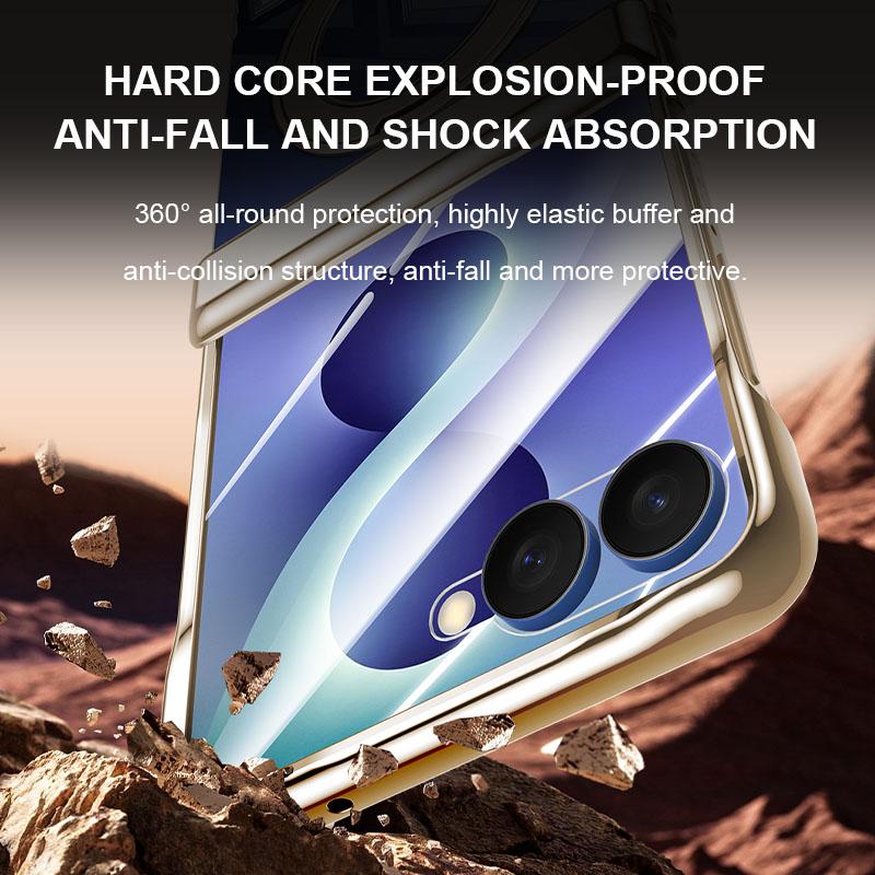 For Galaxy Z Flip8 5G Electroplating Transparent Shockproof Phone Case With 360 Degree Holder - High-Definition Gold - EDA009773601E