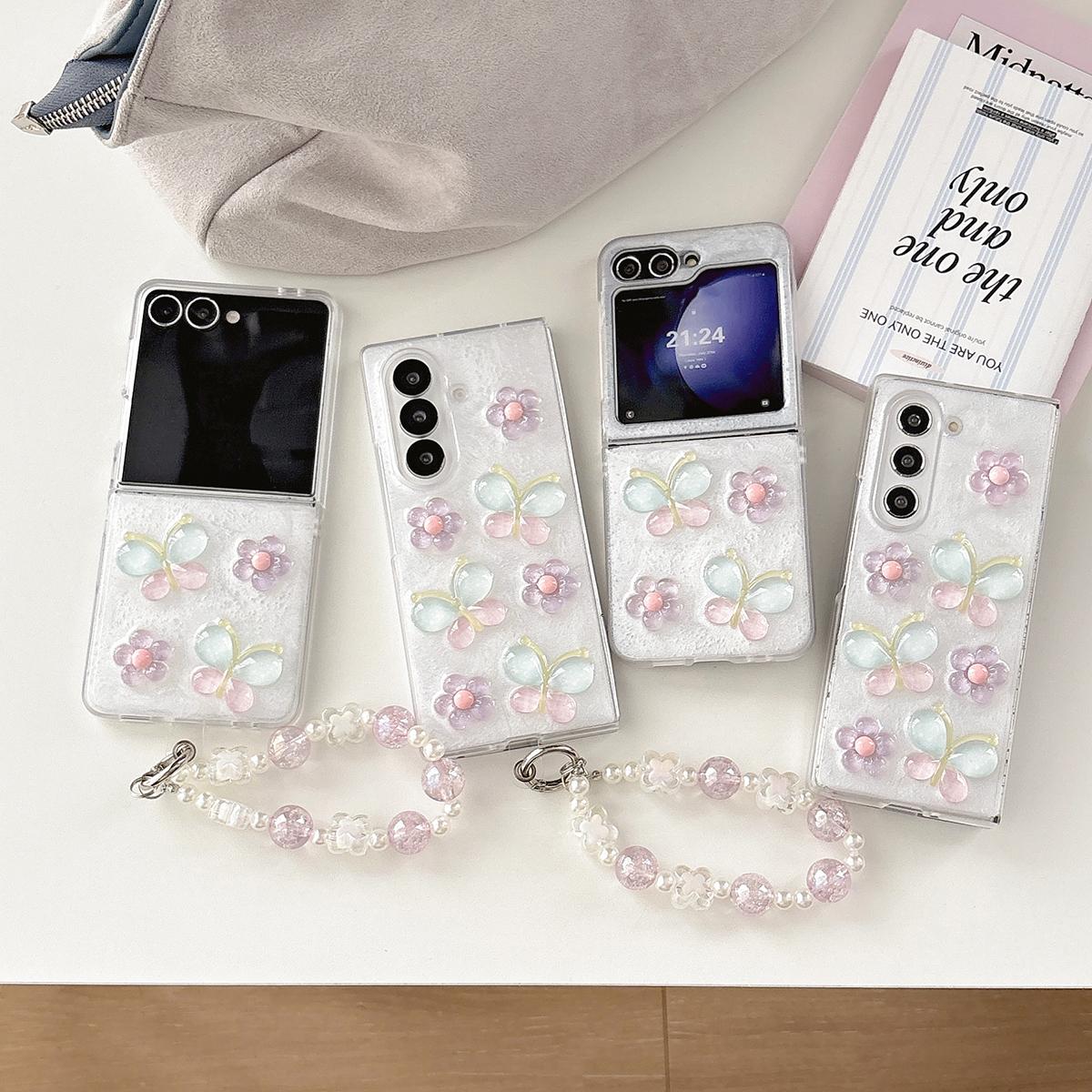 For Galaxy Z Flip7 Glazed Flowers Butterflies Epoxy Resin PC Phone Case - White - EDA009773701A