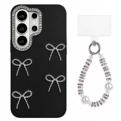 For Galaxy S24 Ultra 5G Electroplated Bowknot Dopamine Color Skin-Friendly IMD Phone Case with Beaded Wrist Strap - Black - EDA009774410A