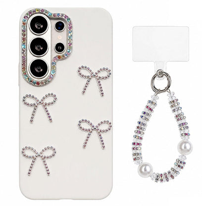 For Galaxy S24 Ultra 5G Electroplated Bowknot Dopamine Color Skin-Friendly IMD Phone Case with Beaded Wrist Strap - White - EDA009774410B