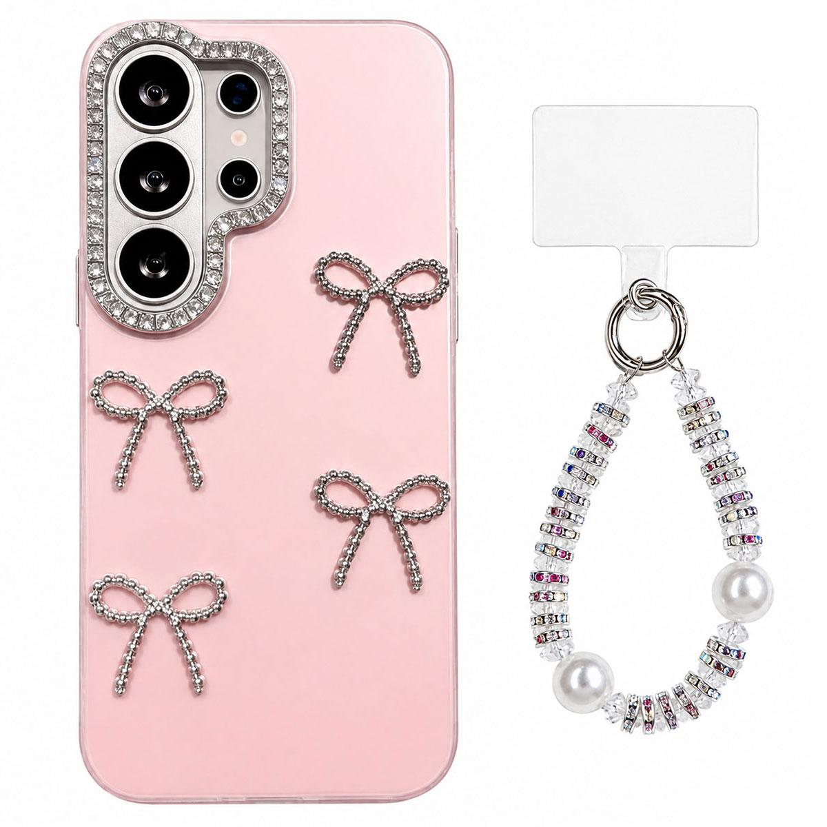 For Galaxy S24 Ultra 5G Electroplated Bowknot Dopamine Color Skin-Friendly IMD Phone Case with Beaded Wrist Strap - Pink - EDA009774410C