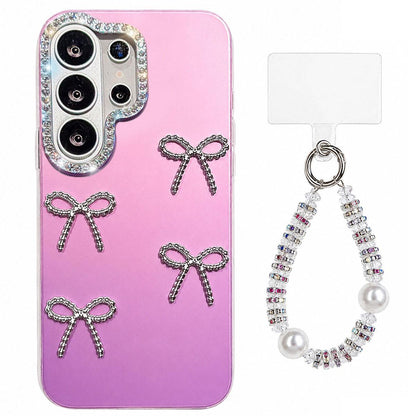 For Galaxy S24 Ultra 5G Electroplated Bowknot Dopamine Color Skin-Friendly IMD Phone Case with Beaded Wrist Strap - Purple - EDA009774410D