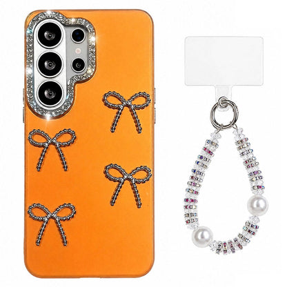 For Galaxy S24 Ultra 5G Electroplated Bowknot Dopamine Color Skin-Friendly IMD Phone Case with Beaded Wrist Strap - Orange - EDA009774410E